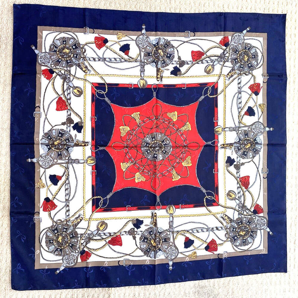 Silky Polyester Brocade Scarf Classic Luxury Navy Blue Red White Chains Buckles